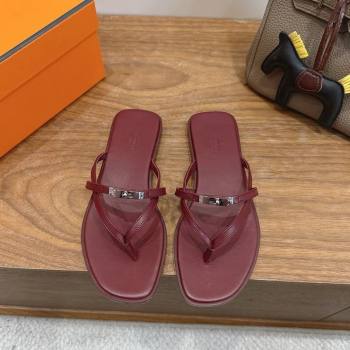 Hermes Miss Flat Slides Thong Sandal in Calfskin Leather with Kelly Buckle Burgundy 2026 (XC-260304021)