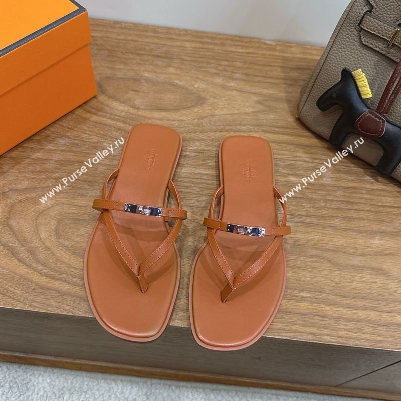 Hermes Miss Flat Slides Thong Sandal in Calfskin Leather with Kelly Buckle Brown 2026 (XC-260304022)