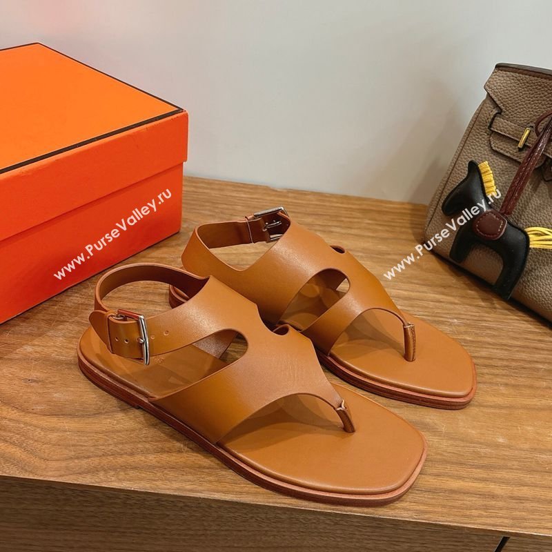 Hermes Karen Flat Thong Sandals in Calfskin Leather Brown 2026 (XC-260304013)