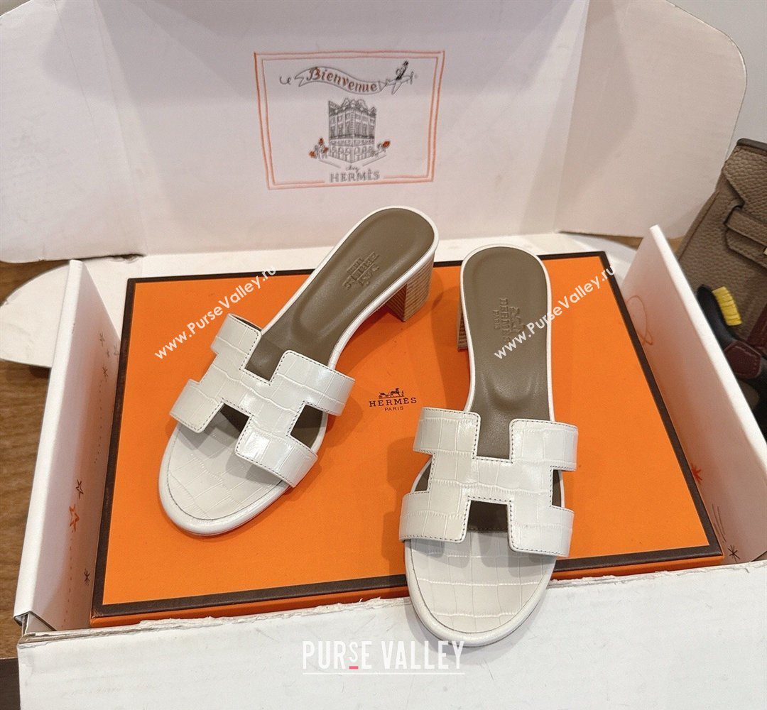 Hermes Oasis Classic Heel Slides Sandal 4.5cm in Crocodile Embossed Leather White 06 2026 0304 (XC-260304036)