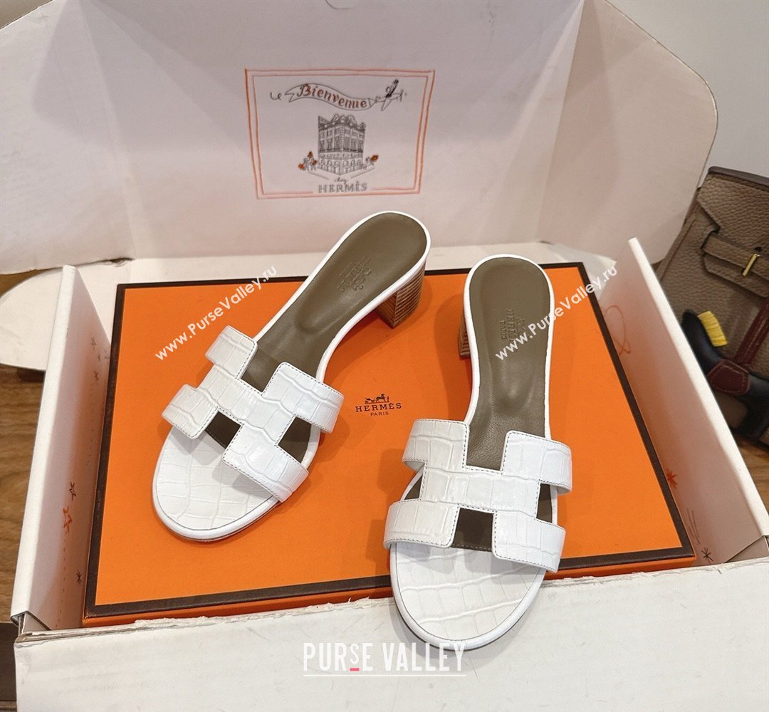 Hermes Oasis Classic Heel Slides Sandal 4.5cm in Crocodile Embossed Leather White 08 2026 0304 (XC-260304038)