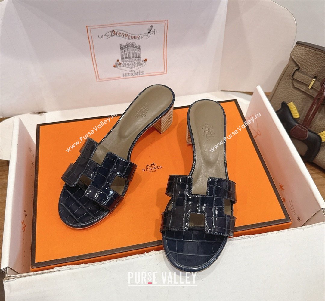 Hermes Oasis Classic Heel Slides Sandal 4.5cm in Crocodile Embossed Leather Indigo Blue 2026 0304 (XC-260304041)