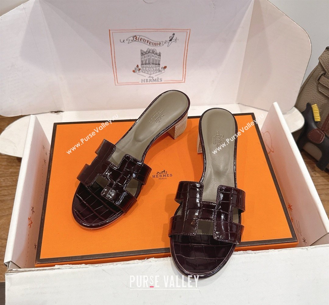 Hermes Oasis Classic Heel Slides Sandal 4.5cm in Crocodile Embossed Leather Dark Burgundy 2026 0304 (XC-260304046)