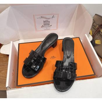 Hermes Oasis Classic Heel Slides Sandal 4.5cm in Crocodile Embossed Leather All Black 2026 0304 (XC-260304049)