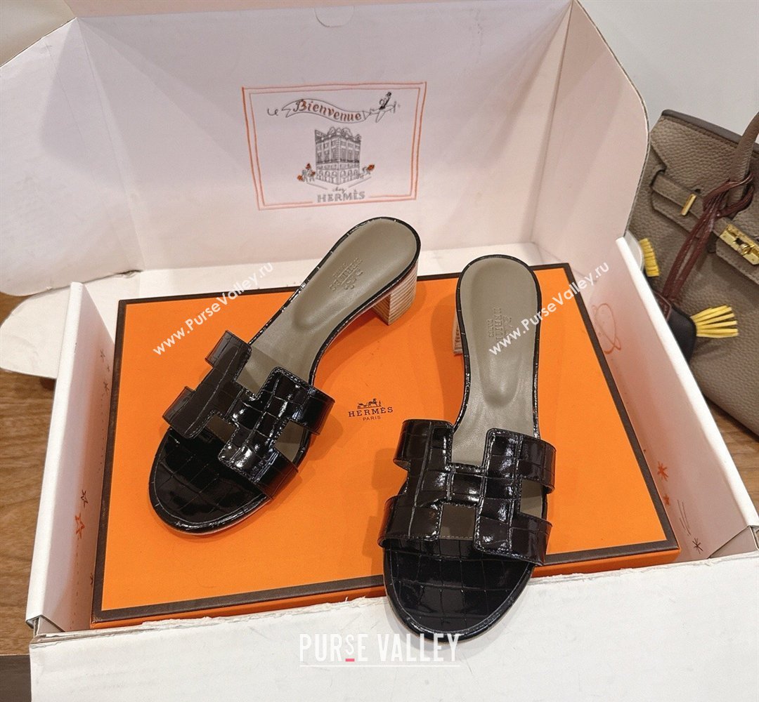 Hermes Oasis Classic Heel Slides Sandal 4.5cm in Crocodile Embossed Leather Black 21 2026 0304 (XC-260304051)