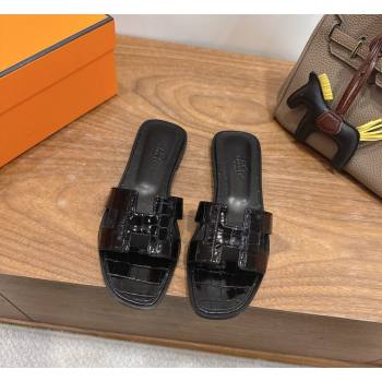 Hermes Oran Classic Flat Slides Sandal in Crocodile Embossed Leather All Black 2026 0304 (XC-260304064)