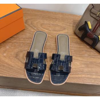 Hermes Oran Classic Flat Slides Sandal in Crocodile Embossed Leather Indigo Blue 2026 0304 (XC-260304067)