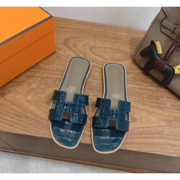 Hermes Oran Classic Flat Slides Sandal in Crocodile Embossed Leather Turquoise 2026 0304 (XC-260304069)