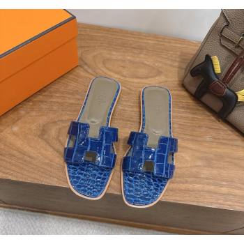 Hermes Oran Classic Flat Slides Sandal in Crocodile Embossed Leather Blue 23 2026 0304 (XC-260304073)