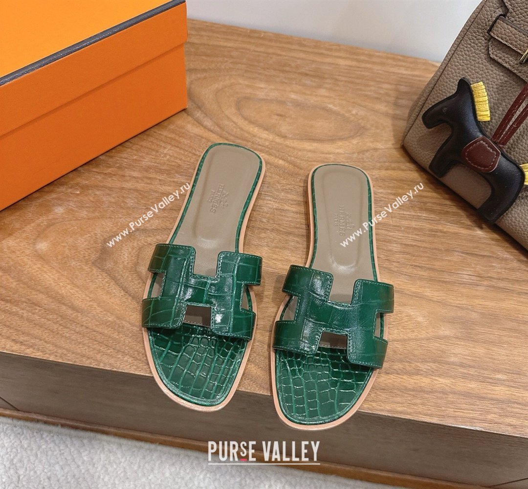 Hermes Oran Classic Flat Slides Sandal in Crocodile Embossed Leather Dark Green 2026 0304 (XC-260304075)