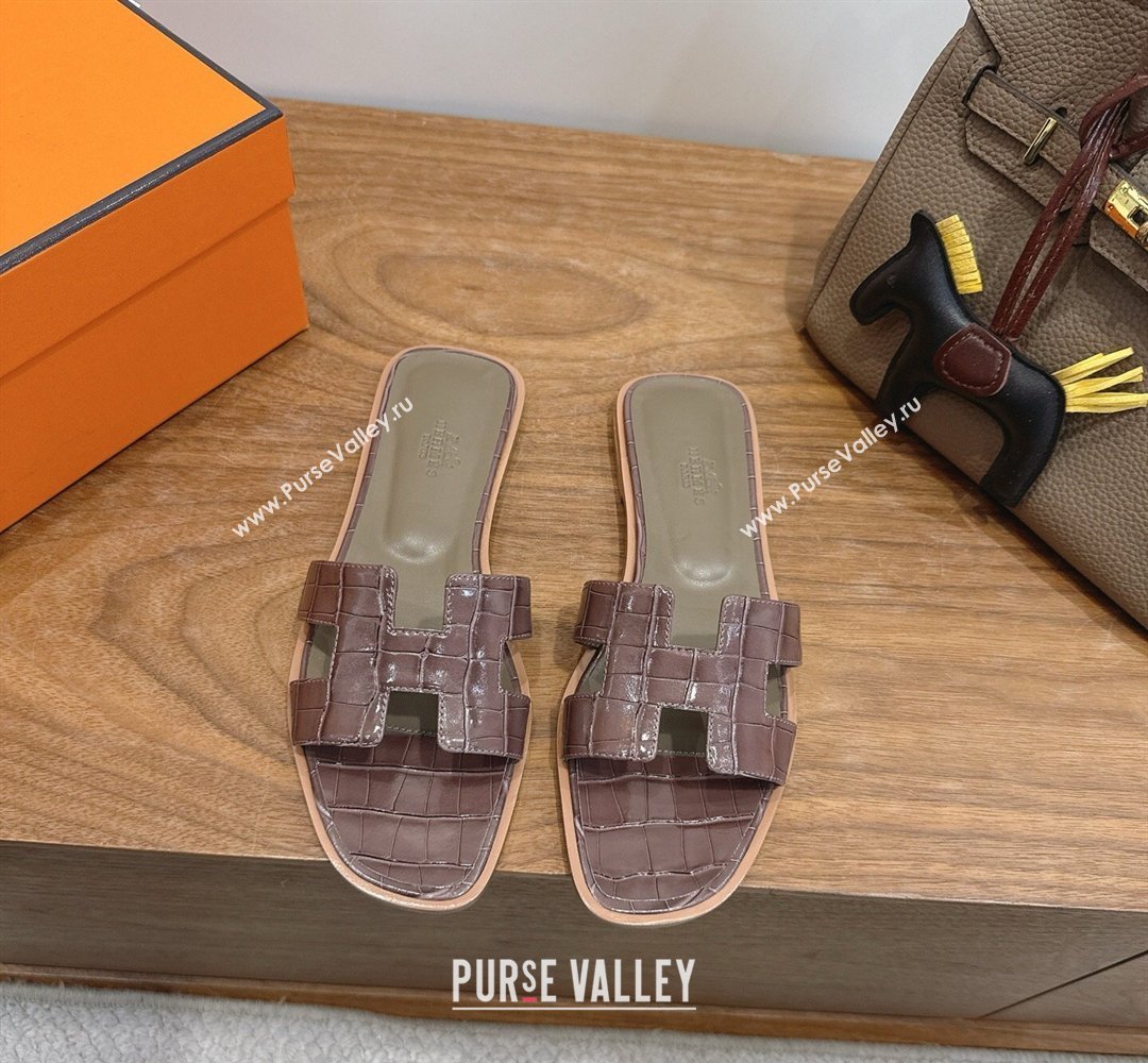 Hermes Oran Classic Flat Slides Sandal in Crocodile Embossed Leather Chocolate 2026 0304 (XC-260304078)