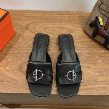 Hermes Flat Slides Sandal in Calfskin Leather with Buckle Black 2026 HS030401 (XC-260304027)