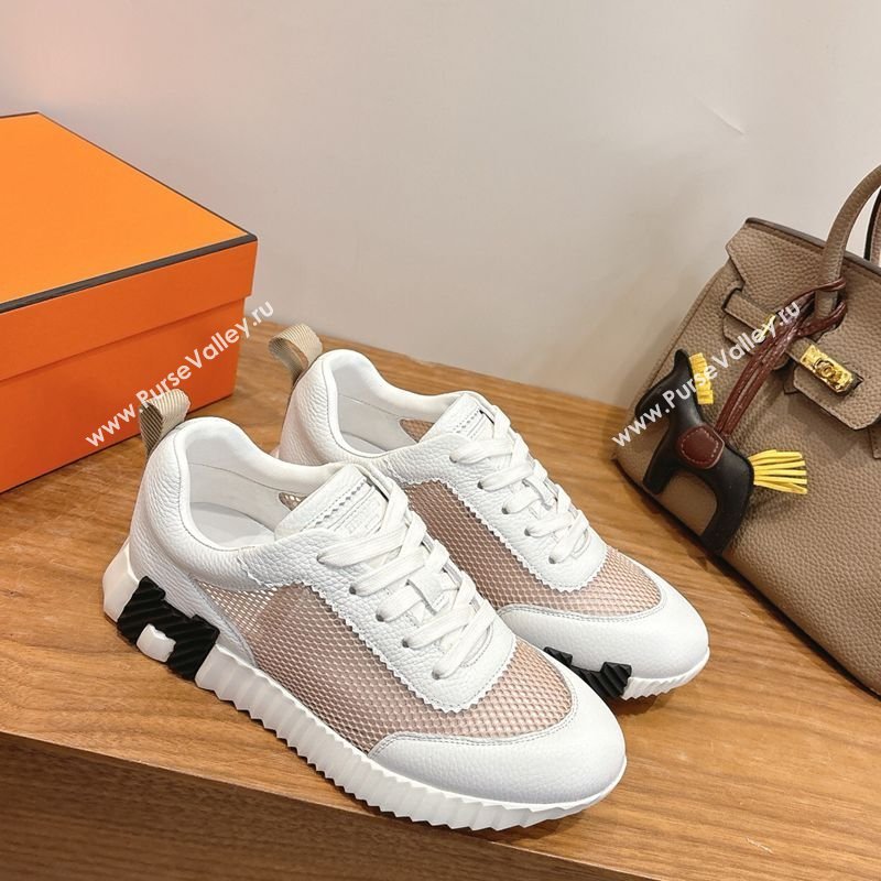 Hermes Bouncing Sneakers in Graphic Mesh and White Grained Calfskin Leather Beige 2026 0304 (XC-260304129)
