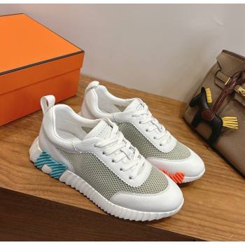 Hermes Bouncing Sneakers in Graphic Mesh and White Grained Calfskin Leather Green 2026 0304 (XC-260304130)
