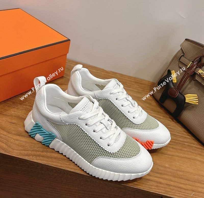 Hermes Bouncing Sneakers in Graphic Mesh and White Grained Calfskin Leather Green 2026 0304 (XC-260304130)