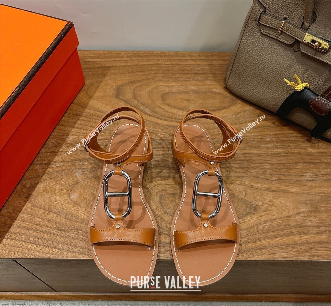 Hermes Marinella Flat Sandals in Calfskin Leather with Chaine dAncre Buckle Brown 2026 (XC-260304001)