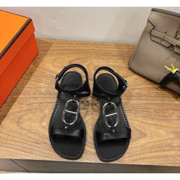 Hermes Marinella Flat Sandals in Calfskin Leather with Chaine dAncre Buckle Black 2026 (XC-260304002)