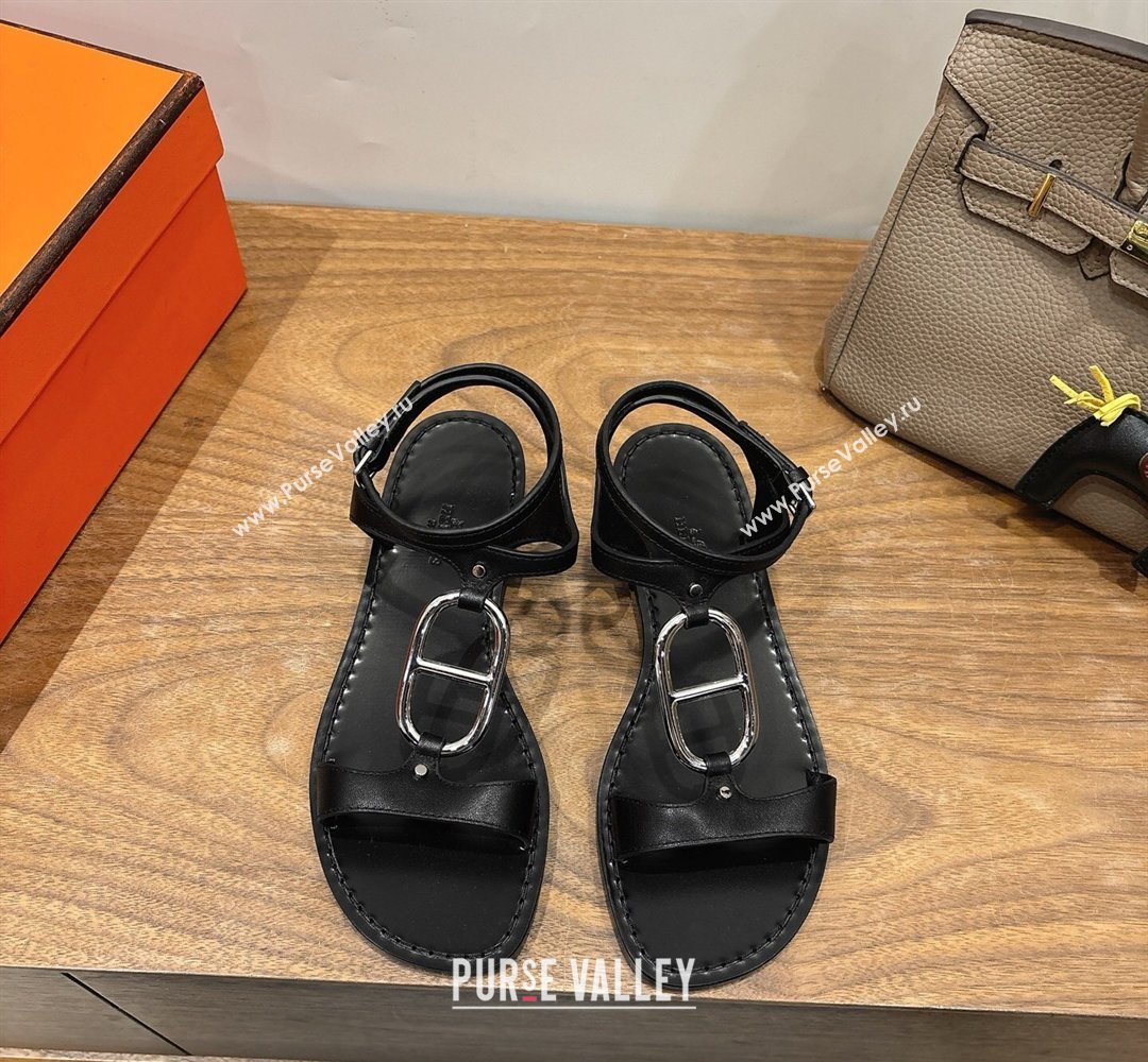 Hermes Marinella Flat Sandals in Calfskin Leather with Chaine dAncre Buckle Black 2026 (XC-260304002)