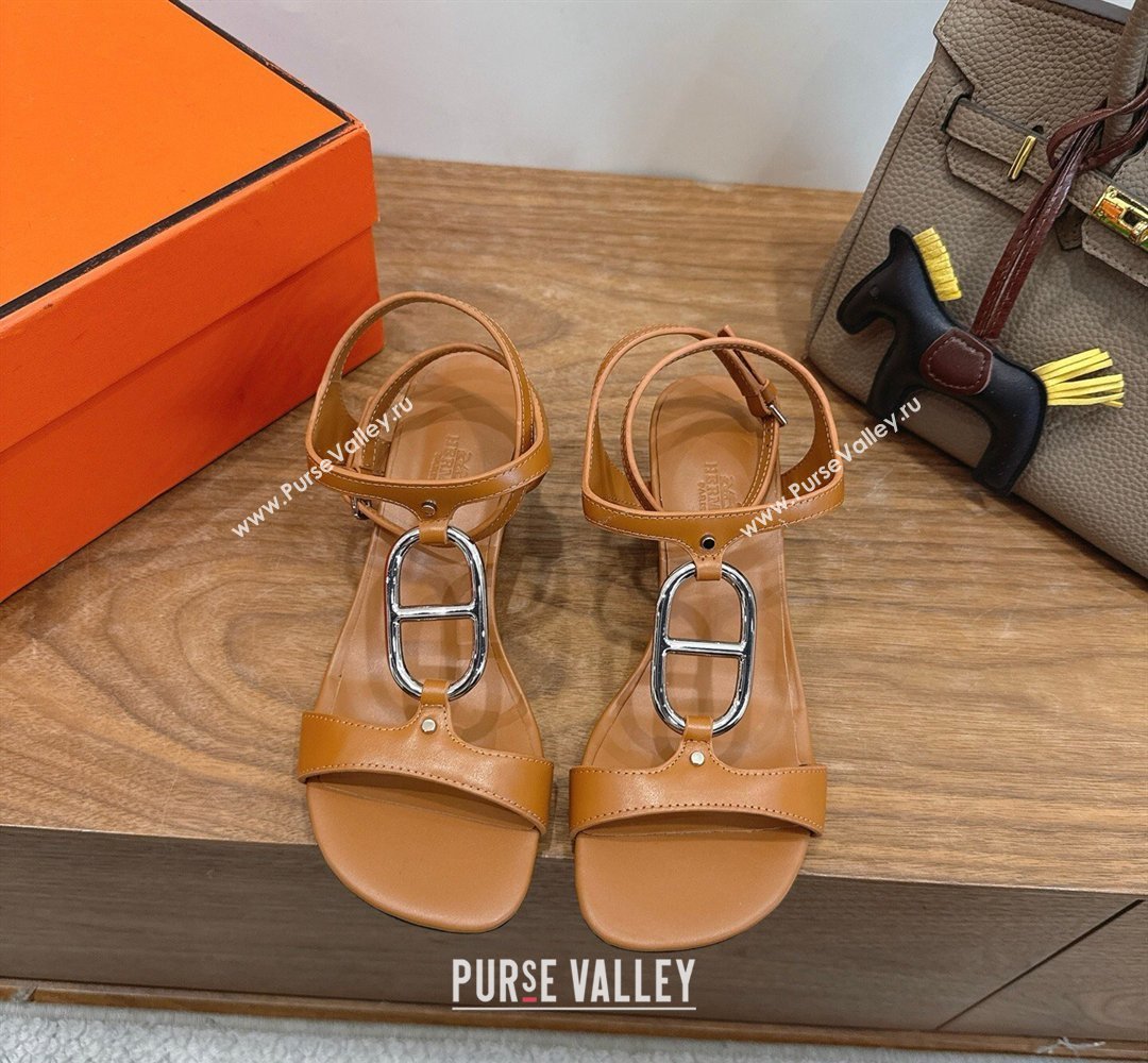 Hermes Marinella Heel Sandals 5cm in Calfskin Leather with Chaine dAncre Buckle Brown 2026 (XC-260304004)