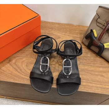 Hermes Marinella Heel Sandals 5cm in Calfskin Leather with Chaine dAncre Buckle Black 2026 (XC-260304005)