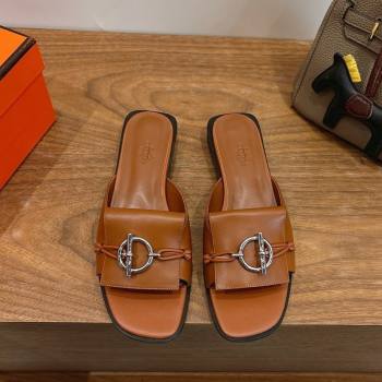 Hermes Flat Slides Sandal in Calfskin Leather with Buckle Brown 2026 HS030401 (XC-260304025)