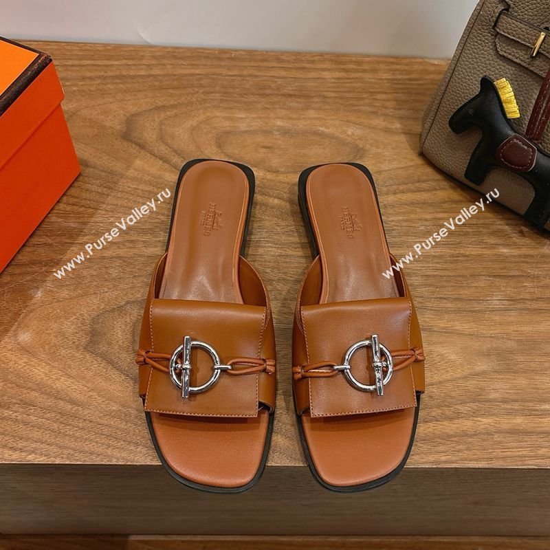 Hermes Flat Slides Sandal in Calfskin Leather with Buckle Brown 2026 HS030401 (XC-260304025)