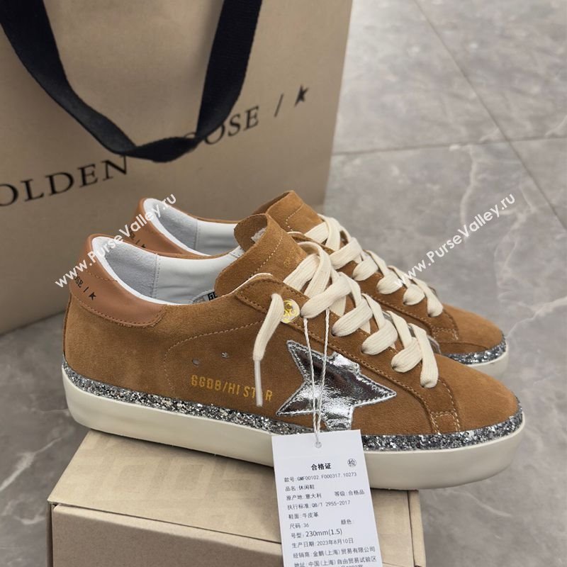 Golden Goose Womens Hi Star Sneakers in brown suede with silver leather star and leather heel tab 2025 0429 (MD-250429055)