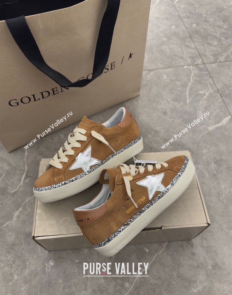 Golden Goose Womens Hi Star Sneakers in brown suede with silver leather star and leather heel tab 2025 0429 (MD-250429055)