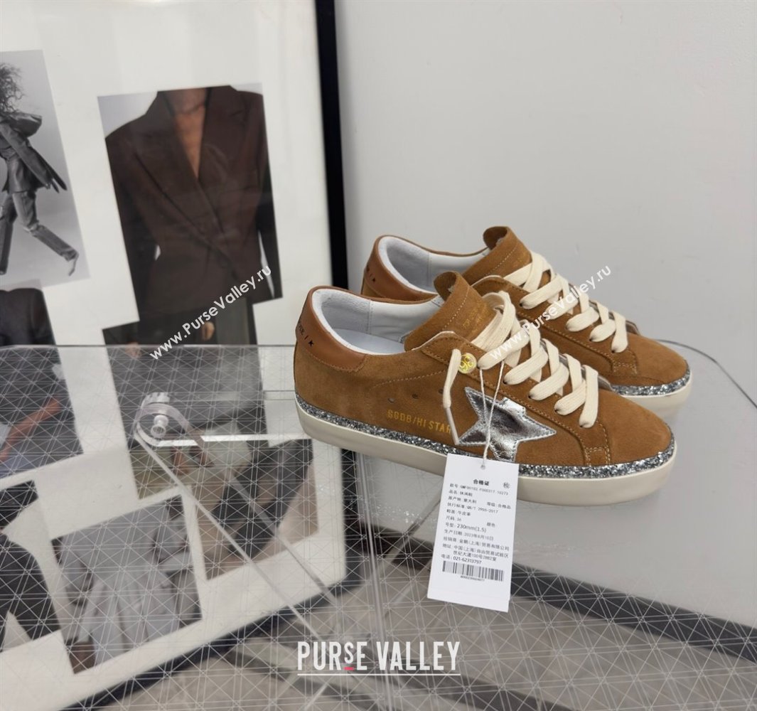 Golden Goose Womens Hi Star Sneakers in brown suede with silver leather star and leather heel tab 2025 0429 (MD-250429055)
