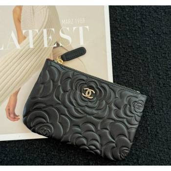 Chanel Camellia Calfskin Classic Zipped Case Pouch Black/Gold 2024 0617 (HY-240617148)