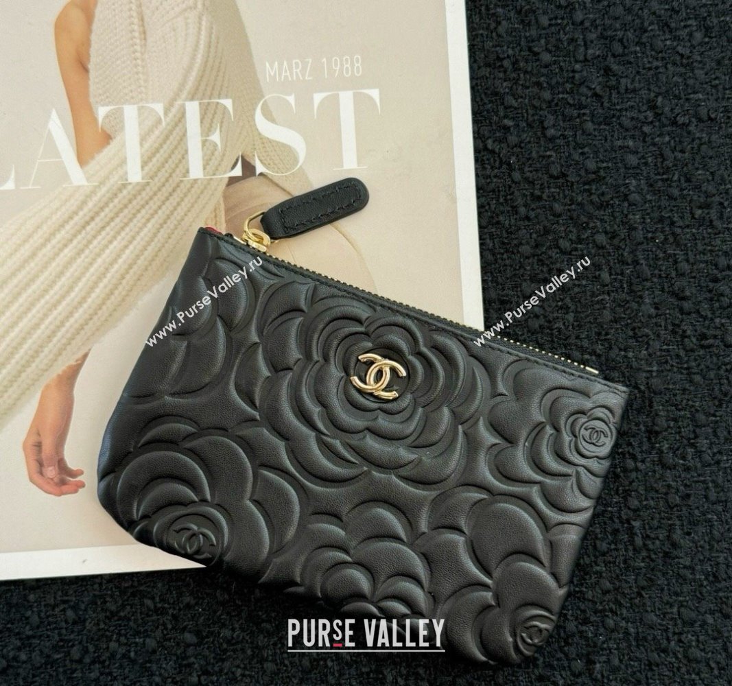 Chanel Camellia Calfskin Classic Zipped Case Pouch Black/Gold 2024 0617 (HY-240617148)