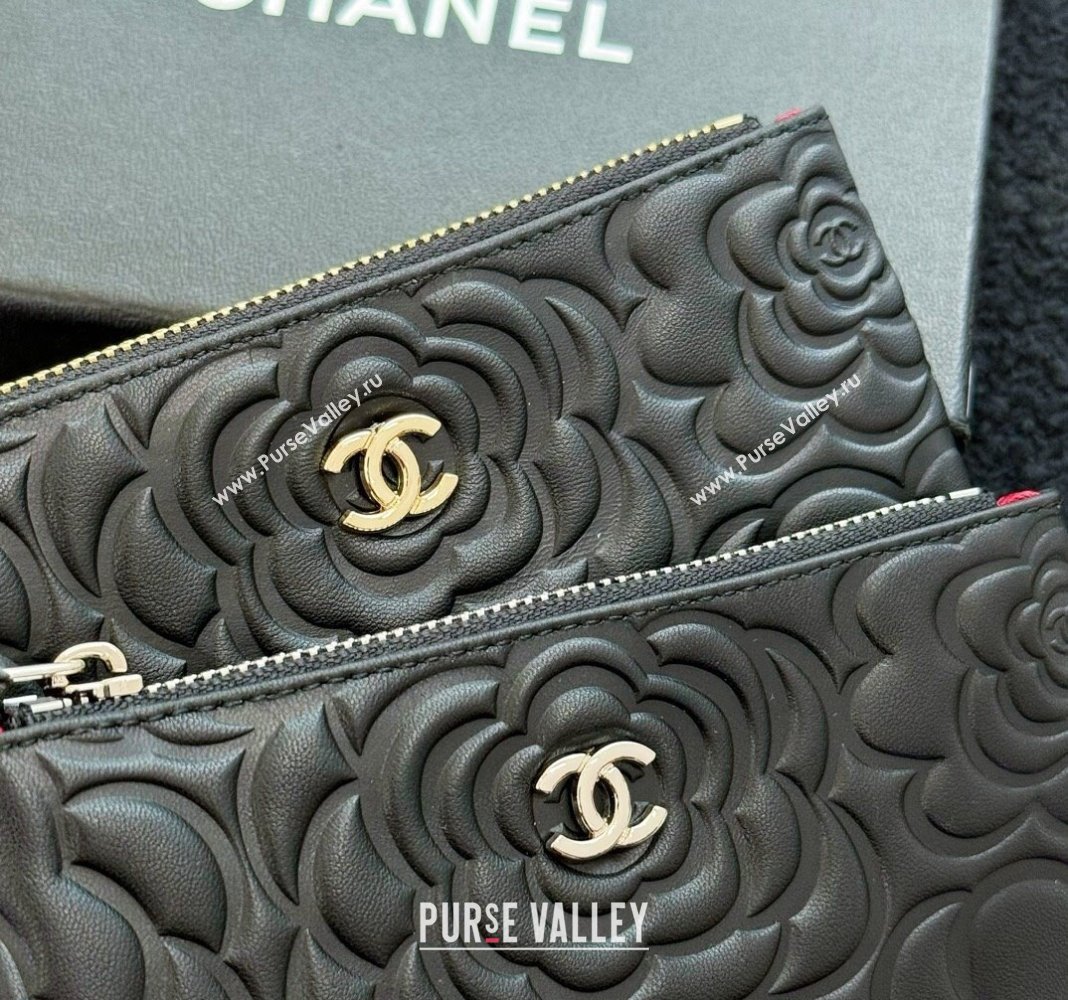 Chanel Camellia Calfskin Classic Zipped Case Pouch Black/Gold 2024 0617 (HY-240617148)