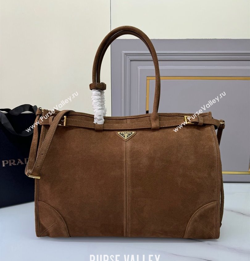 Prada Bonnie Large suede handbag 1BA439 Cocoa Brown 2024 (YZ-250521023)