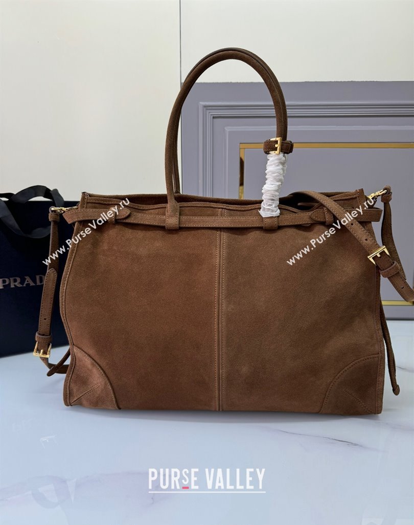 Prada Bonnie Large suede handbag 1BA439 Cocoa Brown 2024 (YZ-250521023)