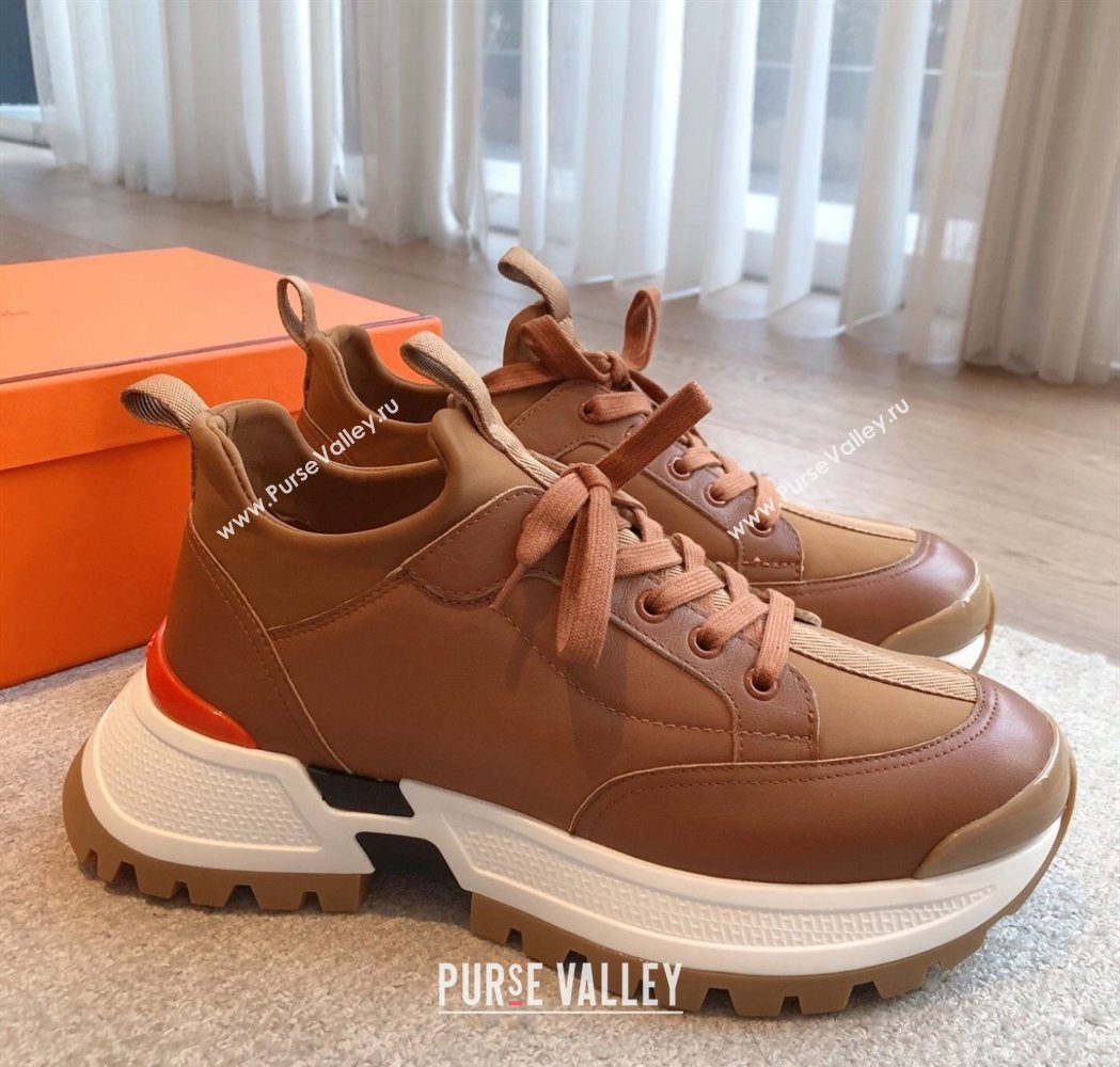 Hermes Mens Just Sneakers in Leather and Fabric Tan Brown 2025 0226 (XC-250226002)