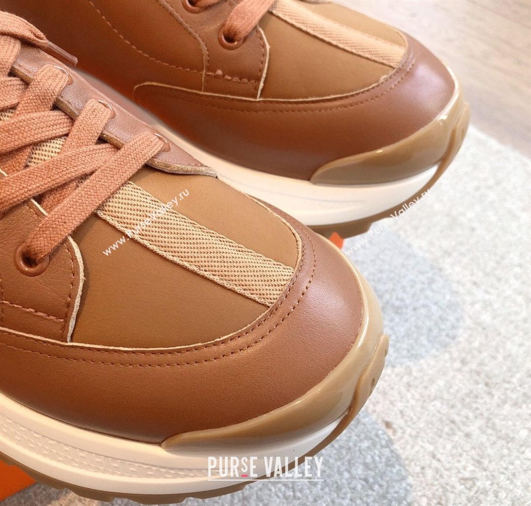 Hermes Mens Just Sneakers in Leather and Fabric Tan Brown 2025 0226 (XC-250226002)