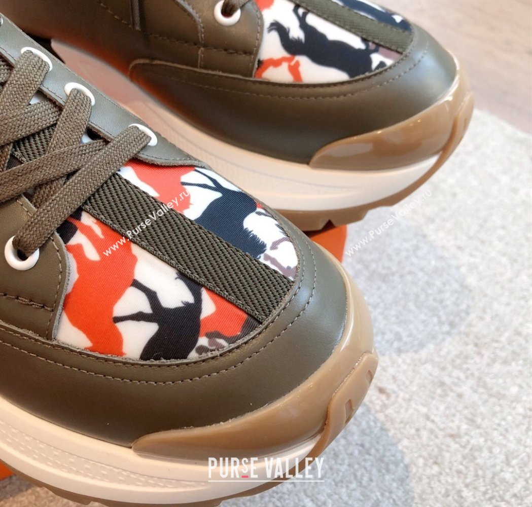 Hermes Mens Just Sneakers in Leather and Printed Fabric Green 2025 0226 (XC-250226003)