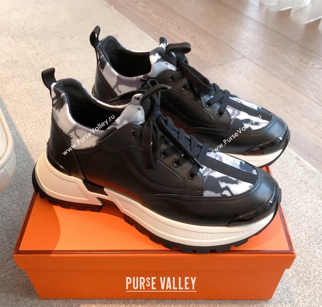 Hermes Mens Just Sneakers in Leather and Printed Fabric Black 2025 0226 (XC-250226004)