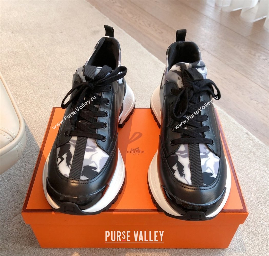 Hermes Mens Just Sneakers in Leather and Printed Fabric Black 2025 0226 (XC-250226004)