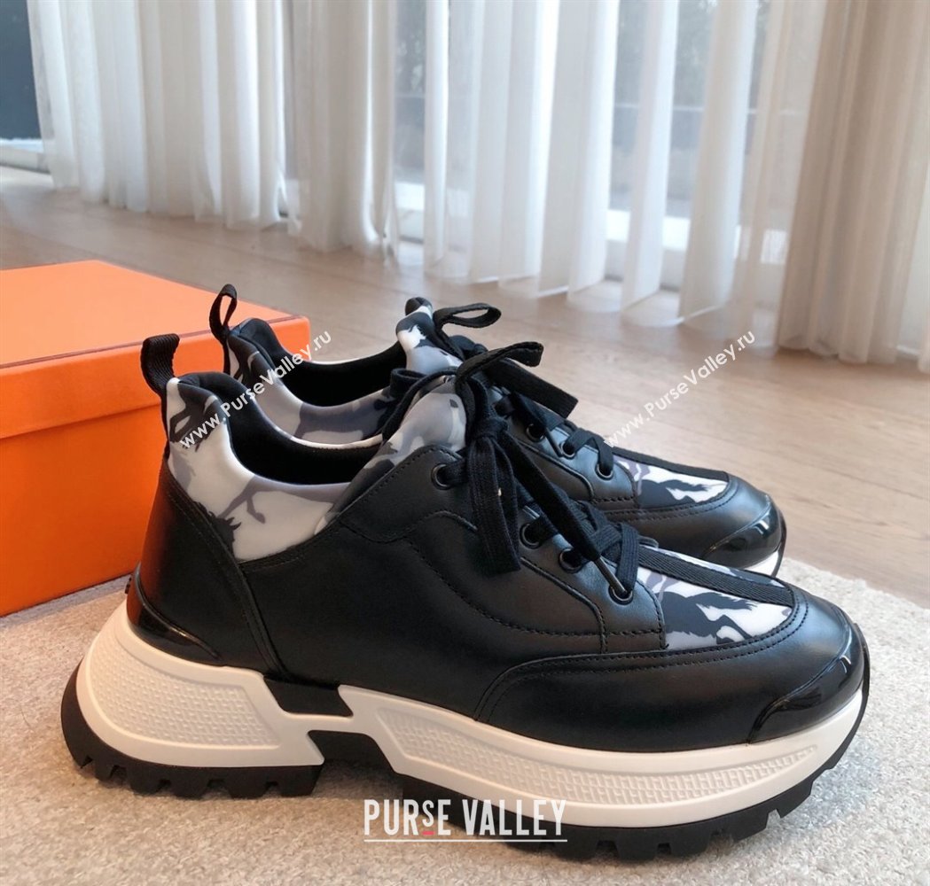 Hermes Mens Just Sneakers in Leather and Printed Fabric Black 2025 0226 (XC-250226004)