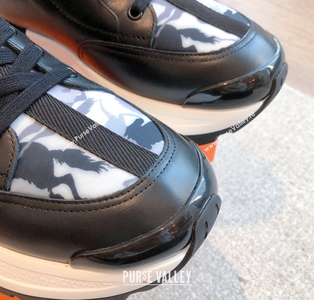 Hermes Mens Just Sneakers in Leather and Printed Fabric Black 2025 0226 (XC-250226004)