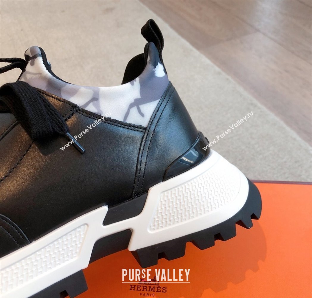 Hermes Mens Just Sneakers in Leather and Printed Fabric Black 2025 0226 (XC-250226004)