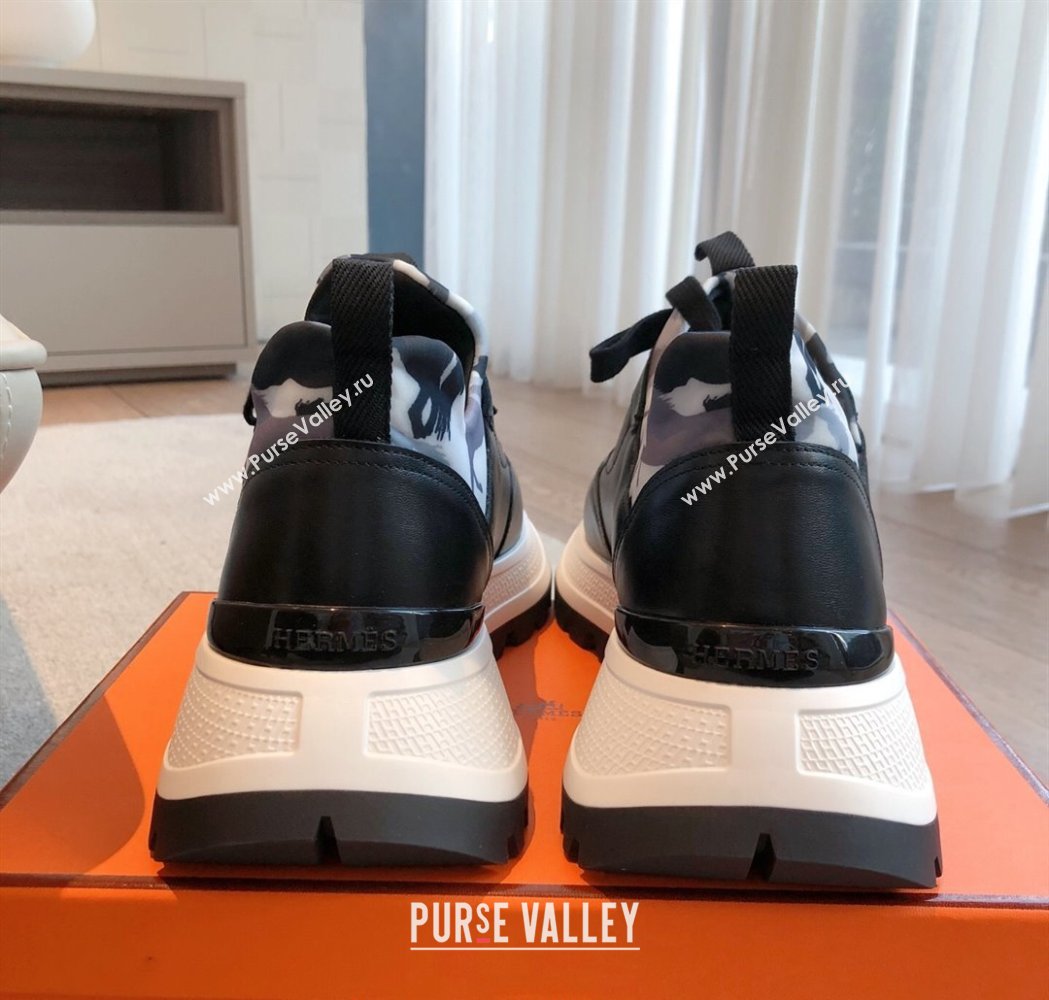 Hermes Mens Just Sneakers in Leather and Printed Fabric Black 2025 0226 (XC-250226004)