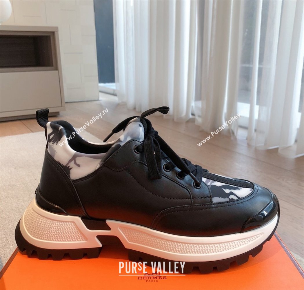 Hermes Mens Just Sneakers in Leather and Printed Fabric Black 2025 0226 (XC-250226004)