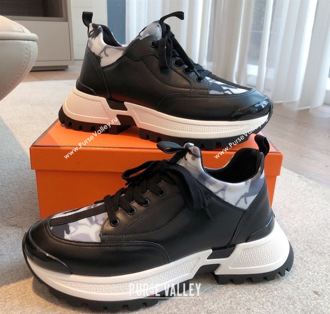Hermes Mens Just Sneakers in Leather and Printed Fabric Black 2025 0226 (XC-250226004)
