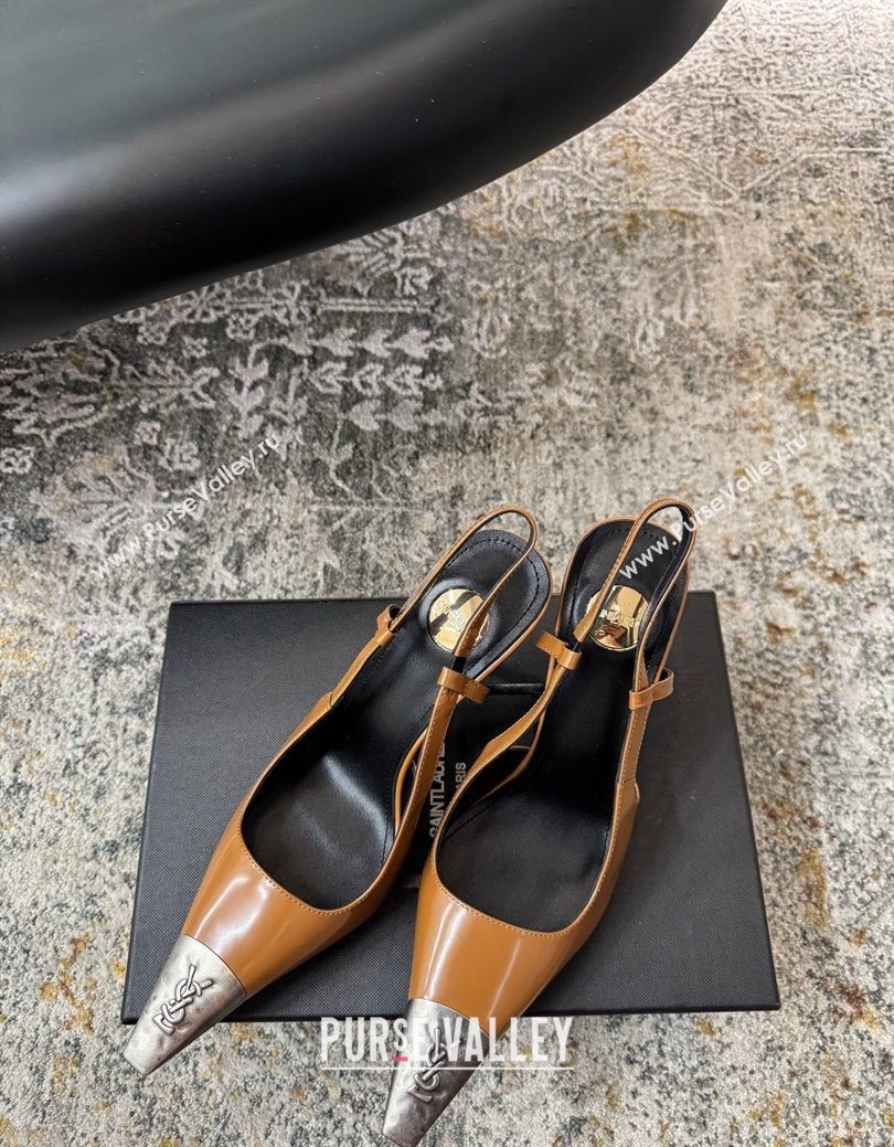 Saint Laurent Slingback Pumps 10.5cm in Shiny Leather Orange/Silver 2025 1028 (MD-251028100)