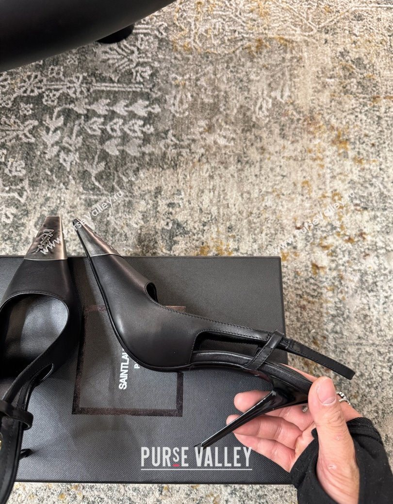 Saint Laurent Slingback Pumps 10.5cm in Calf Leather Black/Silver 2025 1028 (MD-251028101)