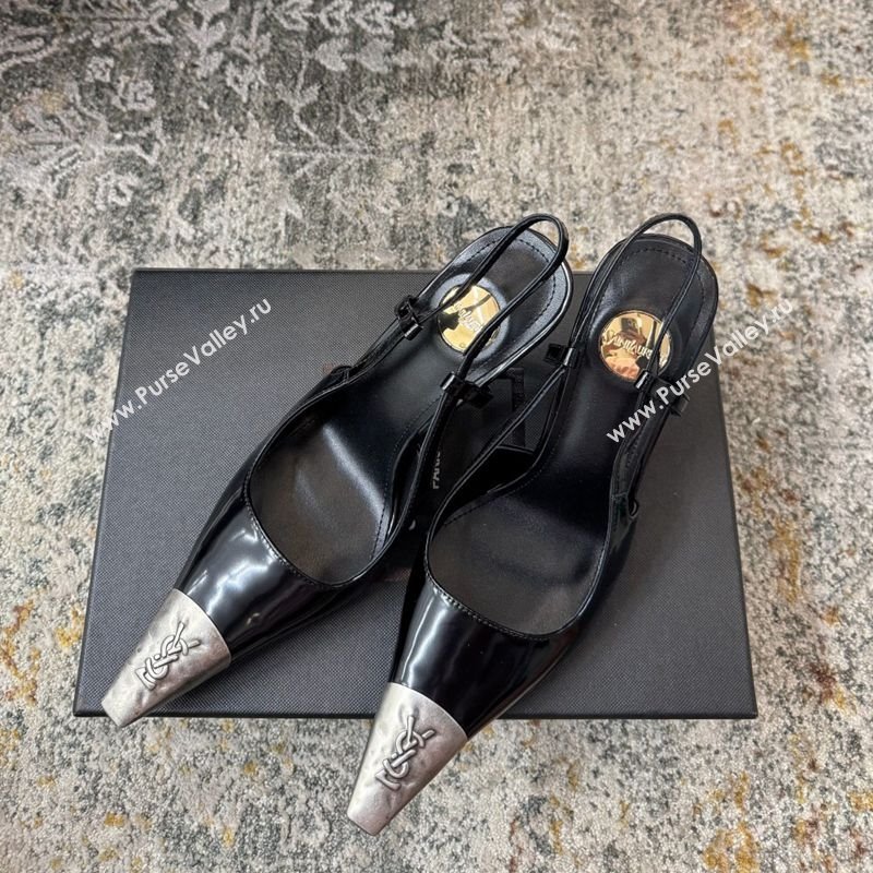 Saint Laurent Slingback Pumps 10.5cm in Shiny Leather Black/Silver 2025 1028 (MD-251028102)