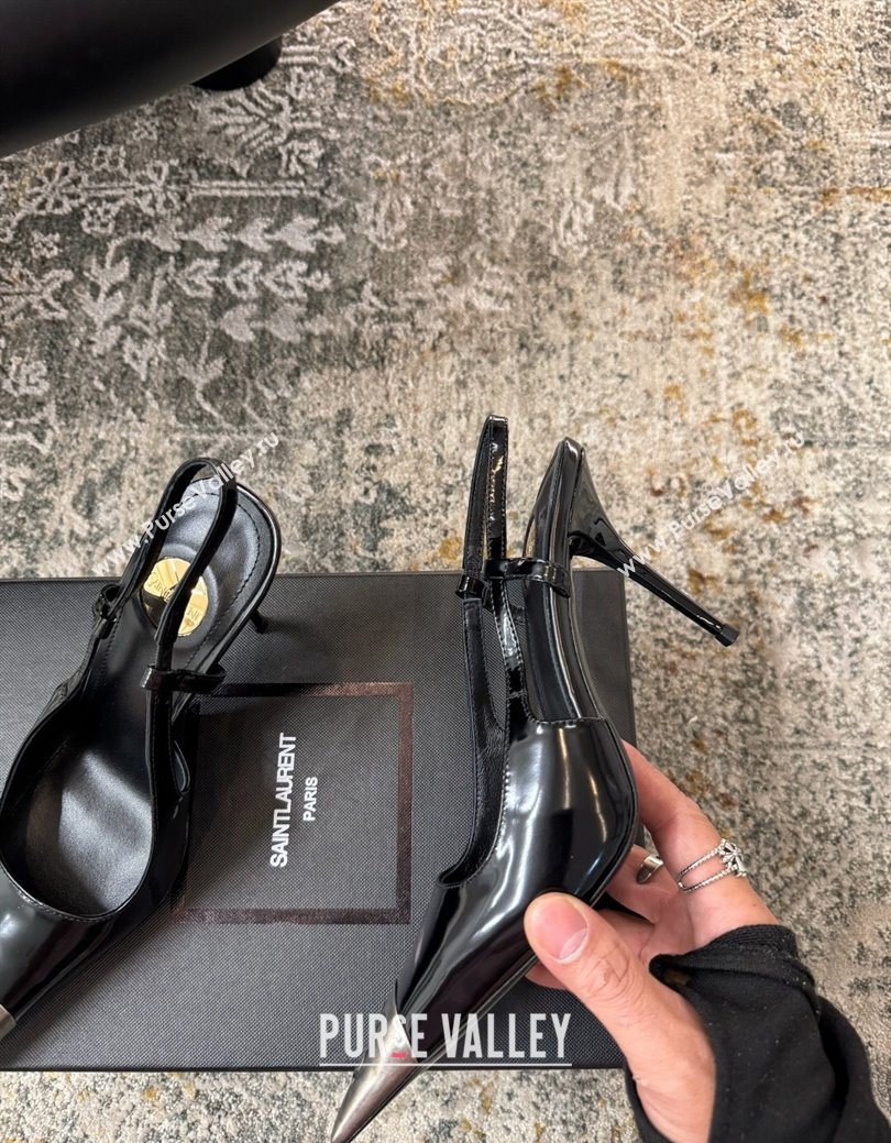 Saint Laurent Slingback Pumps 10.5cm in Shiny Leather Black/Silver 2025 1028 (MD-251028102)