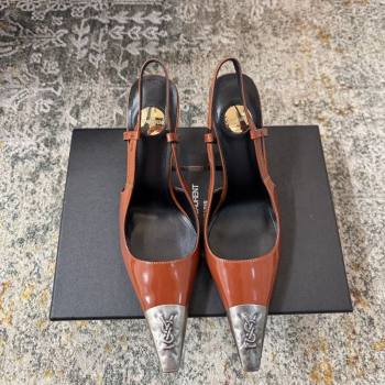 Saint Laurent Slingback Pumps 10.5cm in Shiny Leather Brown/Silver 2025 1028 (MD-251028103)